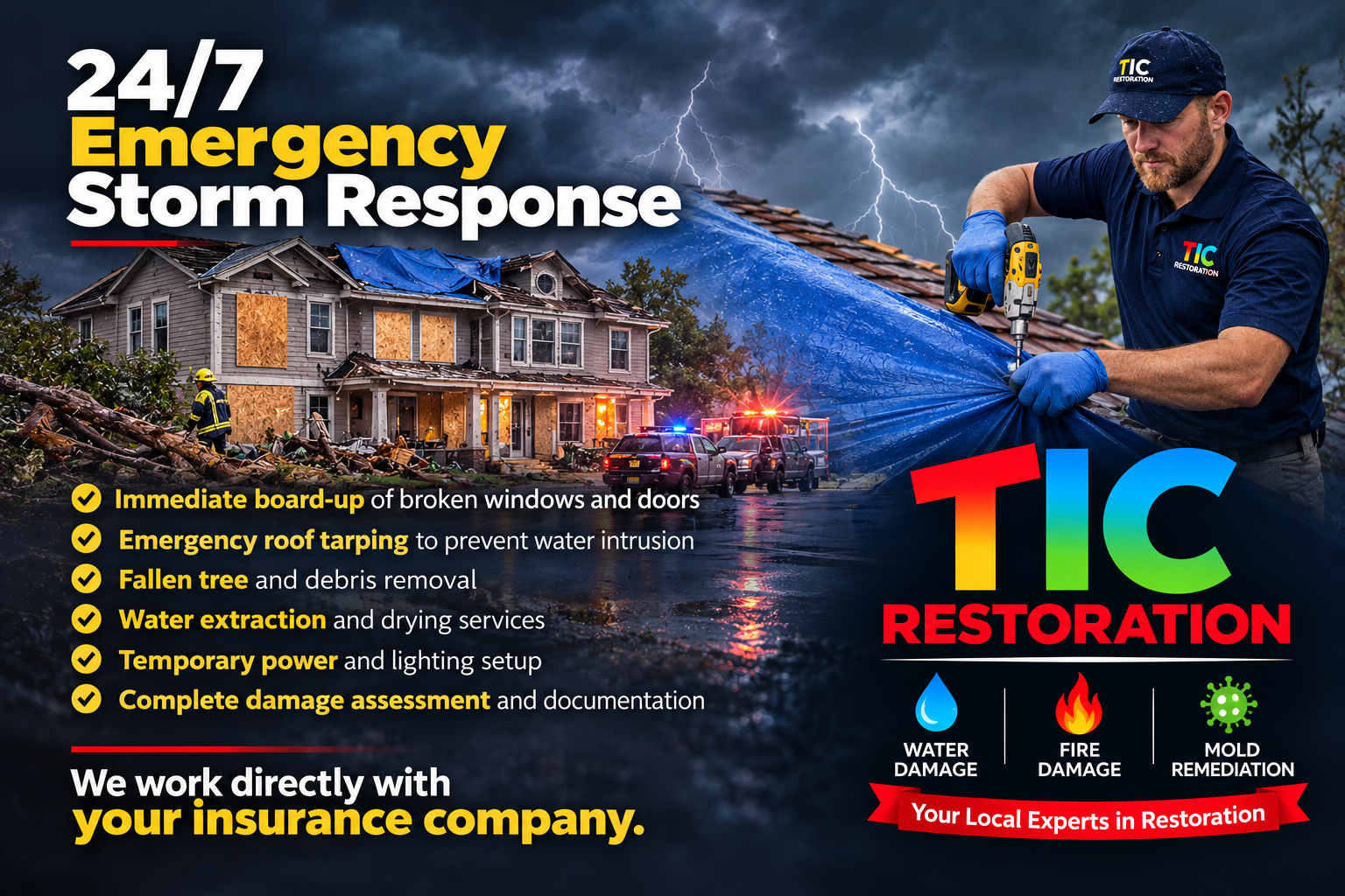 24/7 emergency storm response: board-up, roof tarping, debris removal and water extraction