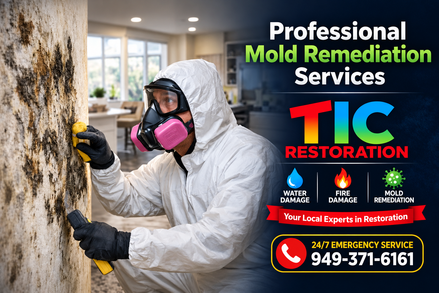 Technician in protective suit and respirator removing mold from a wall