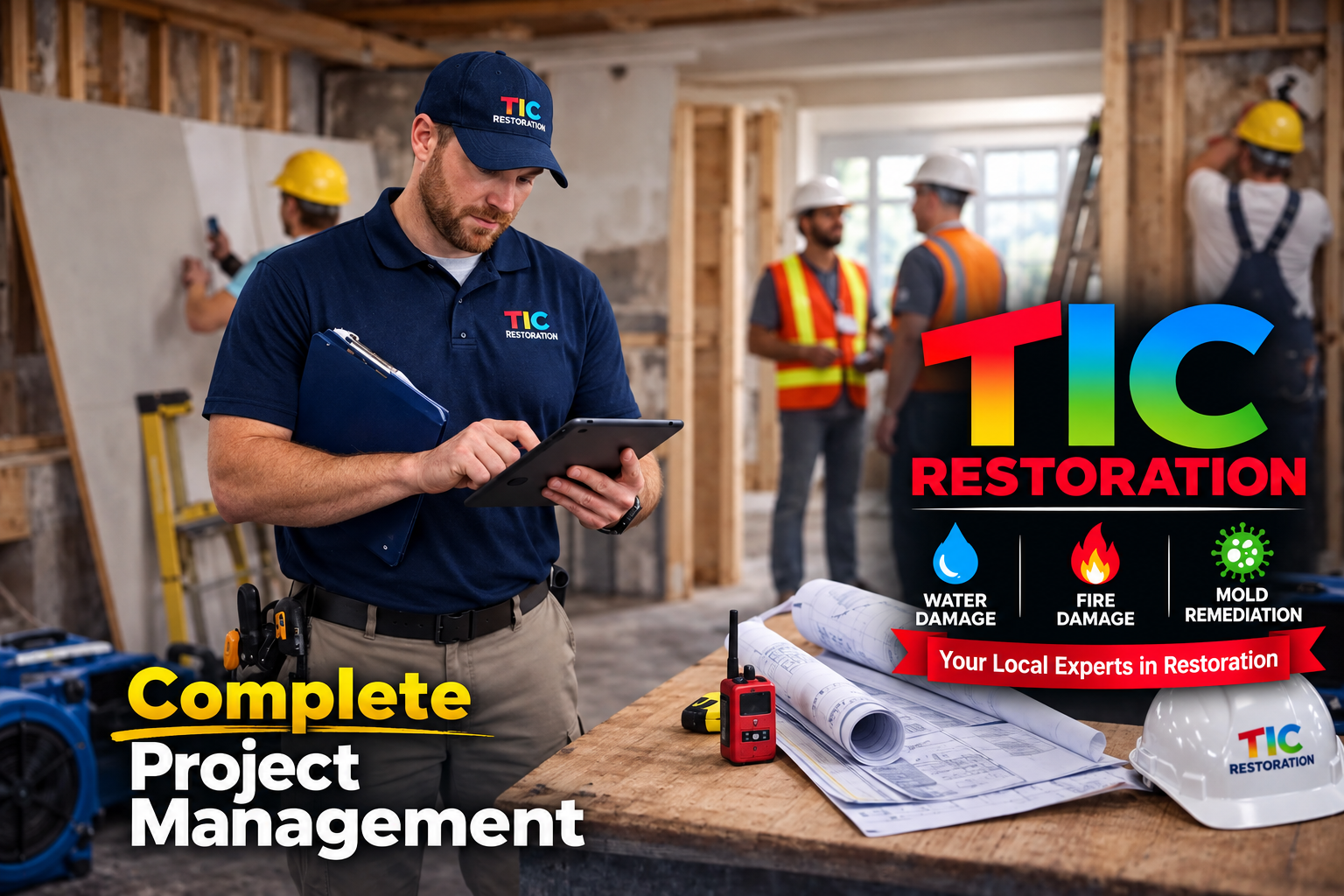 TIC Restoration project manager coordinating a reconstruction job site