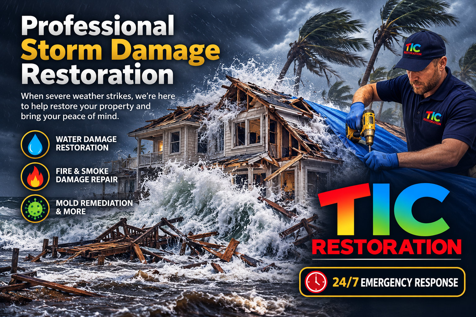 TIC Restoration technician securing a roof tarp after storm damage